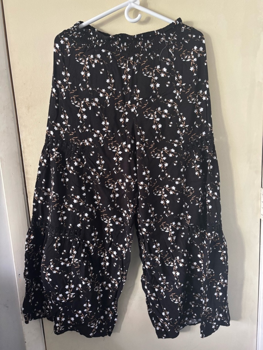 Unlisted Black Floral Wide-Leg Romper with White & Brown Accents